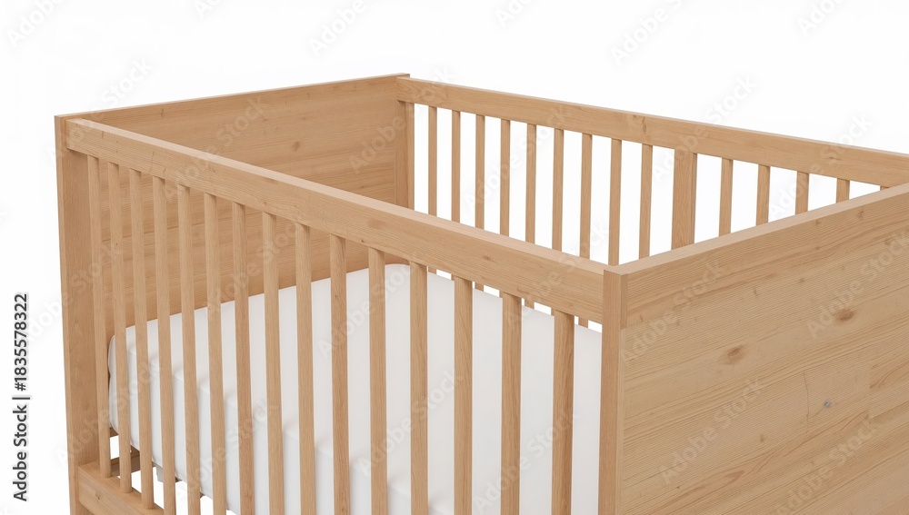 Fototapeta premium Modern wooden baby crib with mattress for nursery room minimalist children furniture, safe and stylish sleep solution