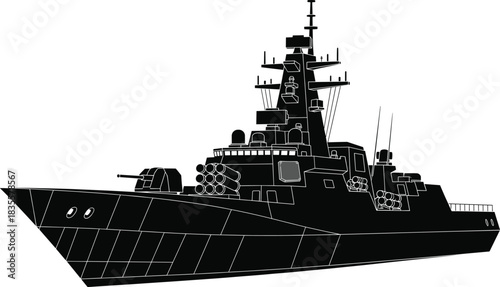 Modern naval warship silhouette—vector of stealth destroyer/frigate with radar, missile launchers, and angular superstructure