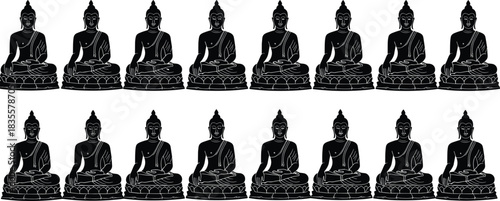 Set of Sitting Buddha Black Vector Silhouettes, Religious Meditation Poses Drawing, Hinduism and Buddhism Statue Collection, Spiritual Enlightenment Illustration Design