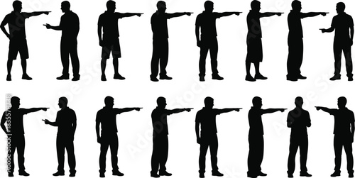 Set of sixteen men or male figures in casual clothing silhouettes pointing straight ahead with hands isolated on white vector illustration