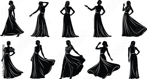Elegant dress silhouette illustration set, expressive female posture and fashion gesture concept vector, black and white graphic for style design