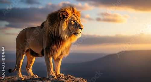 Wild king lion with a golden mane portrait in the sunset sky