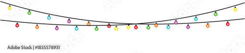 A festive arrangement of colorful string lights on two black wires against a white background , glowing holiday lights garland bulbs, twinkling fairy lights glow
