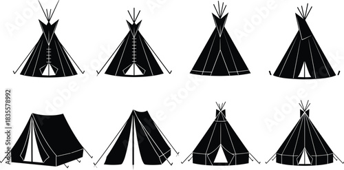 Tent Tipi Silhouette Collection Set of Camping Tents Tepee Design Flat Vector Illustration Outdoor Adventure Travel Logo Print CAD Drawing Graphic.