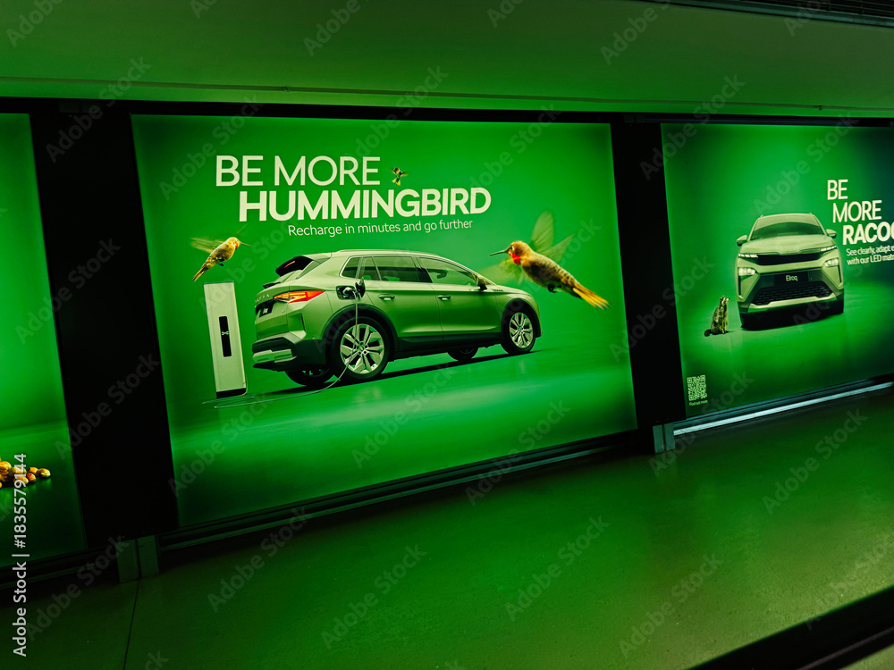 Naklejka premium Be more hummingbird: Recharge in minutes and go further with a green Skoda Elroq car advertisement in Dublin, Ireland