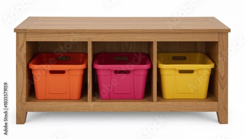 Children room furniture with wooden storage bench and colorful plastic toy organizer bins for playroom or nursery
