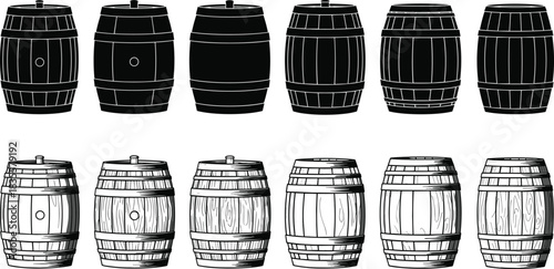 Wooden Alcohol Barrels Flat Vector Silhouettes and Detailed Engraving Set, Oak Wood Container Drawing, Beer Wine Whiskey Storage Casks Collection Illustration