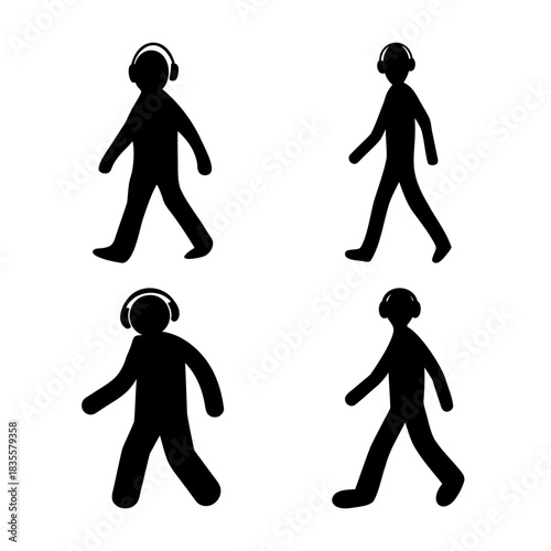 Person silhouettes walking with headphones, audio listening
