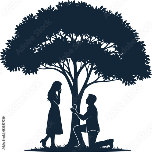 Romantic silhouette proposal under large tree couple kneeling love story outdoor evening ambiance romantic scene isolated on white background