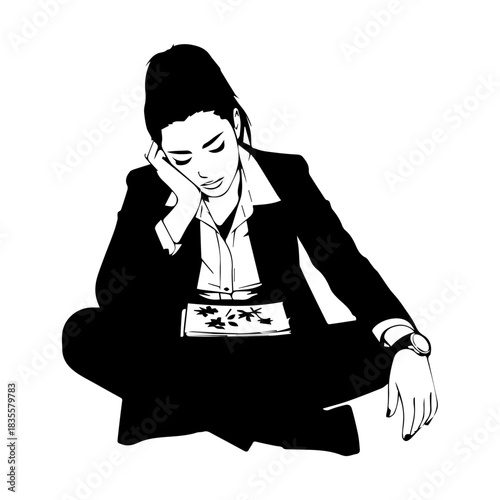 Fired young woman, employee sitting with box outside the office