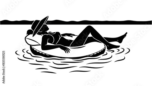 Silhouette Line Art of Person Relaxing on Pool Float and Sunbathing in Summer