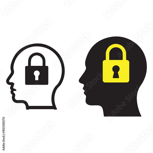 Two head silhouettes with padlock icon representing mind security