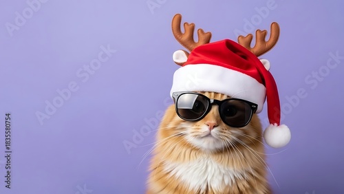Cool Cat in Santa Hat and Sunglasses with Reindeer Antlers on Purple Background