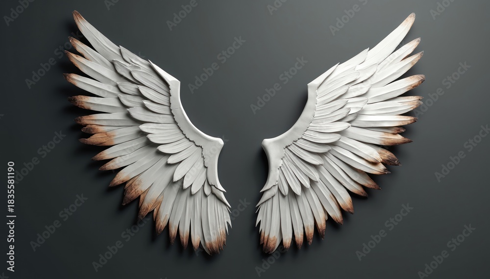 Obraz premium White paper wings with burnt tips displayed against dark backdrop. Artistic symbol of fragility, transition, or angelic nature. Conceptual illustration for abstract themes.