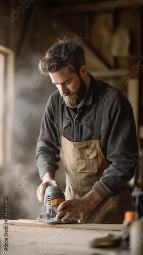 Craftsman Using Cordless Belt Sander to Smooth Wooden Surface in Workshop.