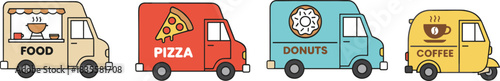 Food truck vector illustration, pizza, coffee, donut, street food, mobile kitchen, colorful design, flat style, cartoon clipart set