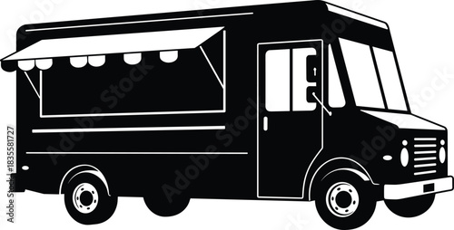 food truck silhouette vector, mobile kitchen clipart, street food van icon, black white flat design, cad drawing flat vector illustration