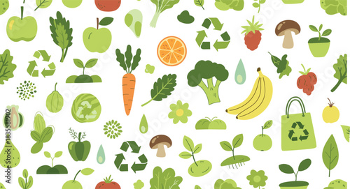 Healthy food and eco icons, fruits, vegetables, recycling, sustainability, organic produce, green lifestyle, flat vector cartoon illustration