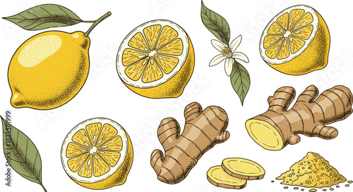 Lemon and ginger illustration, botanical, slice, root, flower, powder, leaf, herb, vector, outline, editable, cad drawing flat vector illustration