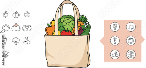 Reusable grocery bag, fresh vegetables, healthy food, organic produce, banana, pineapple, tomato, carrot, icons, flat design, sustainability concept