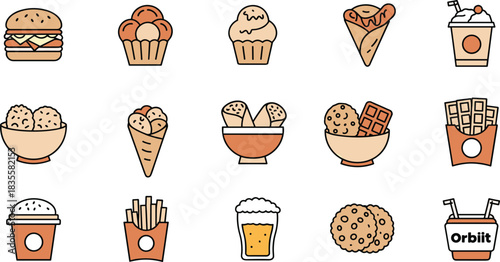 Snack food icons, burger, ice cream, fries, cookie, milkshake, waffle, beer, gum, colorful vector, hand drawn illustration