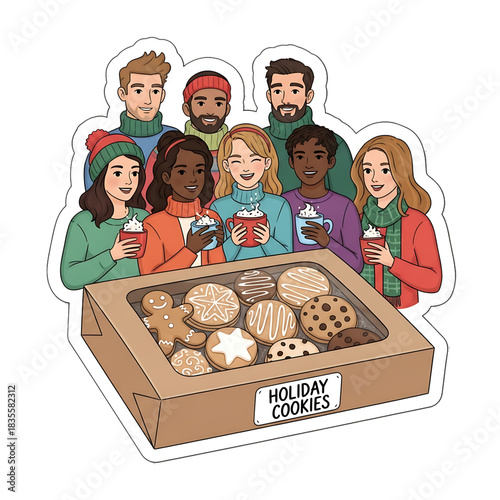 Family carrying a box filled with freshly baked cookies.