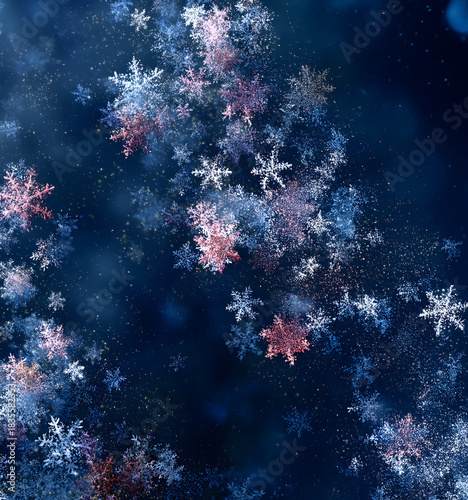 Christmas winter concept with frozen snowflakes on dark blue background.