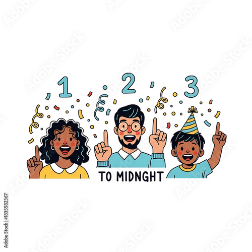 Happy family counting down to midnight with excitement.