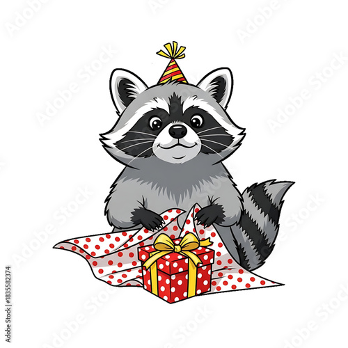 Baby raccoon sitting with a festive wrapped gift.