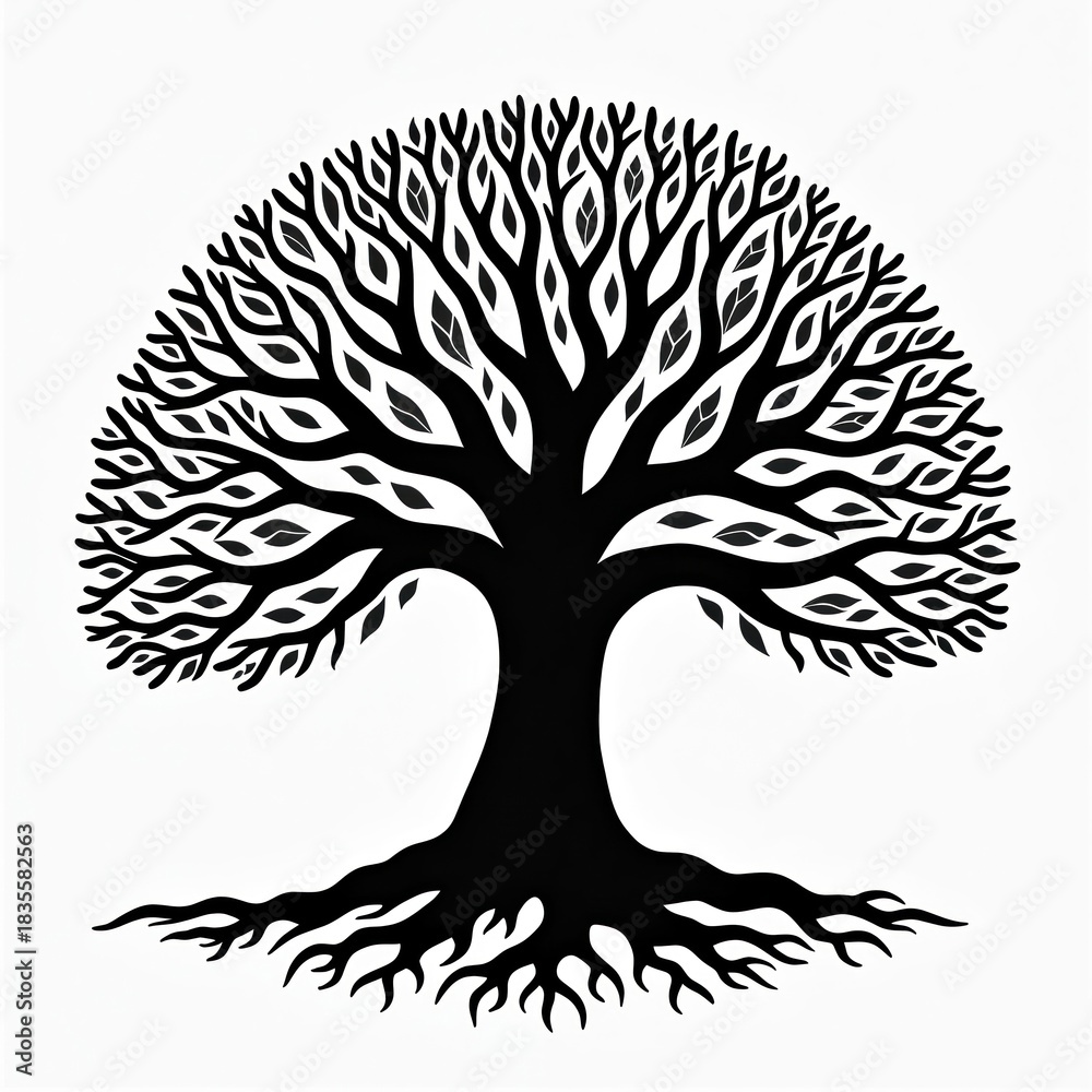 Fototapeta premium Black silhouette tree shows life concept. Design features branches leaves, roots. Simple tree visual art displays nature art with organic, eco symbol on white backdrop. Tree symbol for tattoo print.