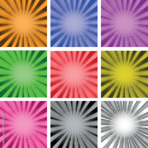 Comic book halftone background. Color sun pop art retro rays background set.