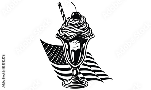 Black and white illustration of ice cream sundae with cherry and flag