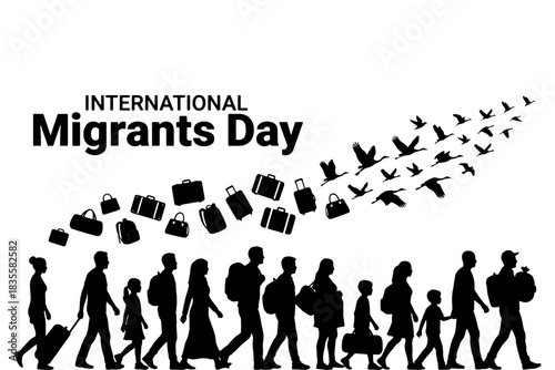 silhouettes of International Migrants Day,
International Migrants Day Concept,
Silhouettes and Birds Representing Migration Vector