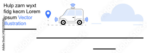 Smart transportation, tech innovation, GPS navigation, wireless connectivity, autonomous vehicles, urban mobility. Driverless car with GPS marker and wireless signals. Smart transportation and tech