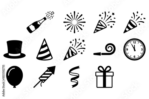 set of new year icons,
New Year’s Eve Icons Set,
Champagne Bottle, Fireworks, and Party Favors on White Background