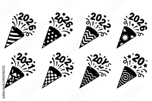 set of New Year’s icons,
New Year’s Eve Party Popper Icons Collection,
Eight Popper Vectors with Year Numbers and Confetti for Celebration and Festive Events