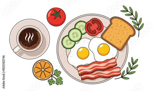 Healthy breakfast plate with fried egg, bacon, toast, coffee, and fruit isolated on