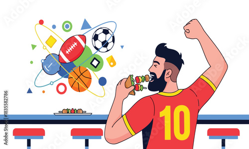 Bearded sports fan in jersey eating kebab celebrating victory