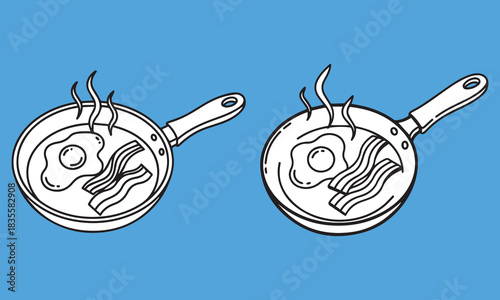 Two cartoon frying pans with cooking egg and bacon illustration