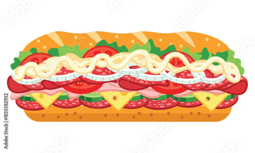 Delicious cartoon illustration of a long submarine sandwich isolated on