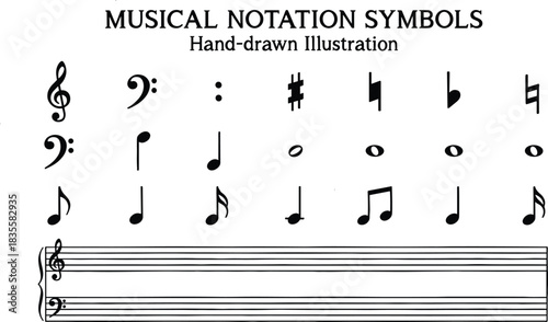 Set of Black Hand-Drawn Musical Notation Symbols Including Treble and Bass Clefs, Notes, Rests, and a Staff for Music Theory and Education Vector Illustration.