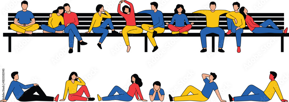Fototapeta premium Diverse Group of Young People in Casual Primary Colors (Red, Blue, Yellow) Sitting and Lounging on a Bench and the Ground, Representing Relaxation and Social Activities Vector.