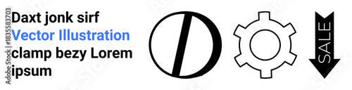 Gear shape, clamp icon, downward arrow with sale, placeholder textual elements. Ideal for industry, mechanics, discounts, commerce, simplicity automation simple landing page