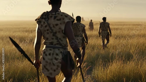 Explorers in animal skin clothing walk together through tall grass in the early morning light