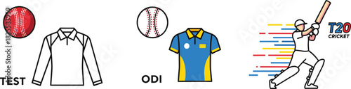 Cricket formats illustration—vector of Test, ODI, and T20 with ball, attire, and dynamic batsman