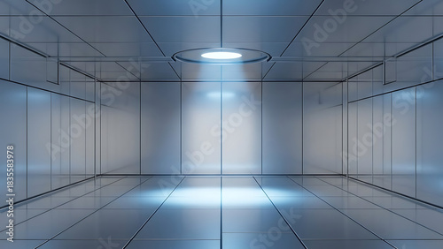 Futuristic empty white room with a glowing blue spotlight on the floor. Modern sci-fi interior background for technology or product display. 3D render