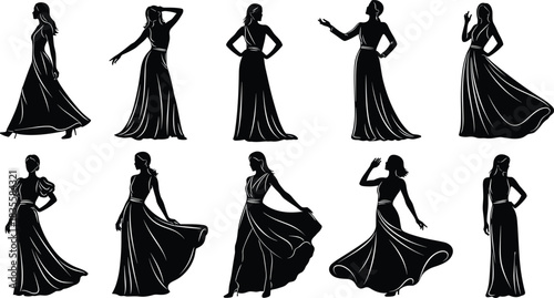 Elegant dress silhouette illustration set, expressive female posture and fashion gesture concept vector, black and white graphic for style design