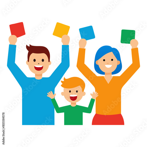 Happy family holding up colorful cards