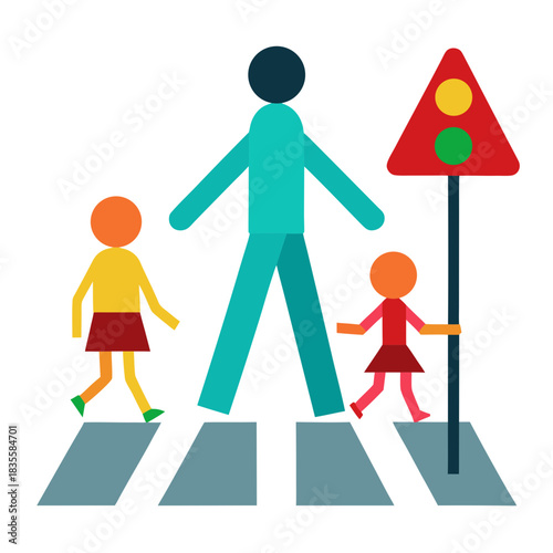 Family crossing street safely at pedestrian crossing