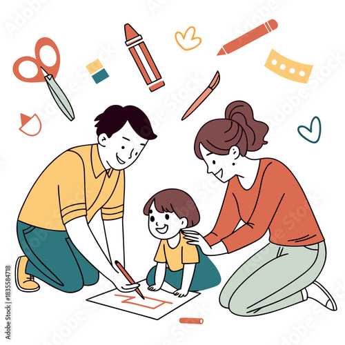 Family drawing together with art supplies